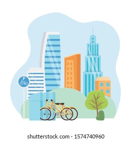 urban ecology parking bicycles transport city buildings park vector illustration