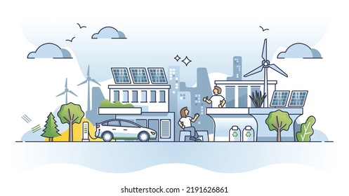 Städtische Ökologie mit nachhaltigem und grünem Ressourcenverbrauch Rahmenkonzept. Städtische Szene mit ökologischen Energielösungen und ökologischer Abfallbewirtschaftung, Vektorgrafik. Fröhlich sozial