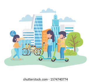 urban ecology young man and woman riding kick scooters parking bikes woman walk with mobile in the park town vector illustration