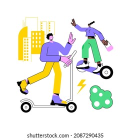 Urban electric transport abstract concept vector illustration. Rental electric bikes, escooter eskateboard using, modern city life style, urban mobility, sustainable transport abstract metaphor.