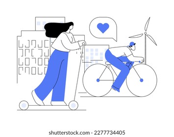 Ilustración vectorial abstracta del transporte eléctrico urbano. Alquiler de bicicletas eléctricas, escooter eskateboard usando, estilo de vida urbano moderno, movilidad urbana, transporte sostenible metáfora abstracta.