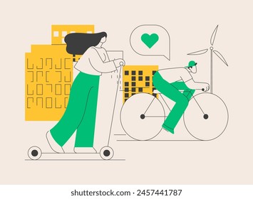 Urban electric transport abstract concept vector illustration. Rental electric bikes, escooter eskateboard using, modern city life style, urban mobility, sustainable transport abstract metaphor.