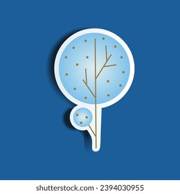 Urban element of winter set in sticker design. Winter wonder is presented by this charming sticker, depicting an urban tree in a colorful style against a serene blue background. Vector illustration.