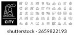 Urban elements like roads, bridges, buildings, and public facilities shown in a structured modern look. Civic-themed set of 50 linear icons about city infrastructure
