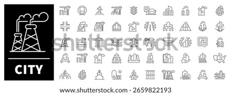 Urban elements like roads, bridges, buildings, and public facilities shown in a structured modern look. Civic-themed set of 50 linear icons about city infrastructure