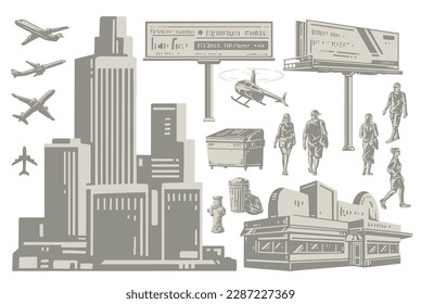 Urban elements set vintage monochrome with downtown buildings and people or city billboards near airplanes vector illustration