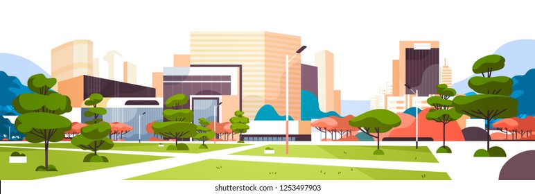 urban empty city park pathway skyscraper buildings view modern cityscape downtown horizontal banner flat