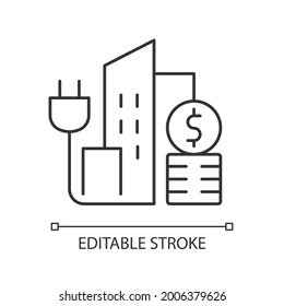 Urban energy price linear icon. Power utility service for buildings. Energy purchase. Thin line customizable illustration. Contour symbol. Vector isolated outline drawing. Editable stroke