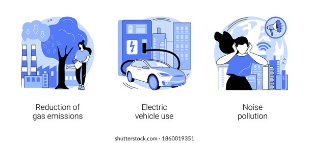 Conjunto de ilustraciones vectoriales de concepto abstracto del medio urbano. Reducción de emisiones de gases, uso de vehículos eléctricos, contaminación acústica, gases de efecto invernadero de CO2, metáfora abstracta de transporte respetuosa con el medio ambiente.