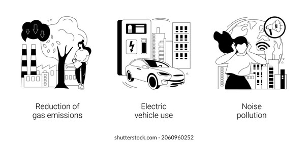 Urban environment abstract concept vector illustration set. Reduction of gas emissions, electric vehicle use, noise pollution, Co2 greenhouse gas, eco-friendly transportation abstract metaphor.