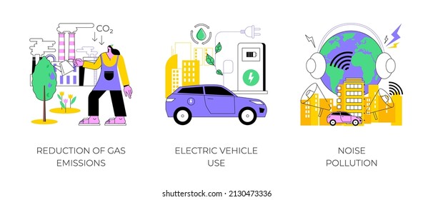 Urban environment abstract concept vector illustration set. Reduction of gas emissions, electric vehicle use, noise pollution, Co2 greenhouse gas, eco-friendly transportation abstract metaphor.