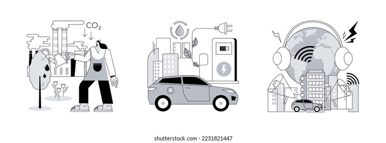 Urban environment abstract concept vector illustration set. Reduction of gas emissions, electric vehicle use, noise pollution, Co2 greenhouse gas, eco-friendly transportation abstract metaphor.