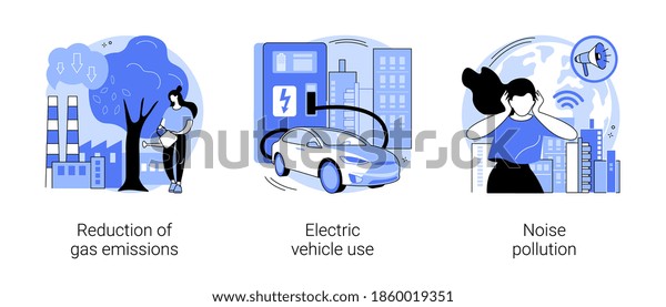 Urban environment abstract concept vector\
illustration set. Reduction of gas emissions, electric vehicle use,\
noise pollution, Co2 greenhouse gas, eco-friendly transportation\
abstract metaphor.