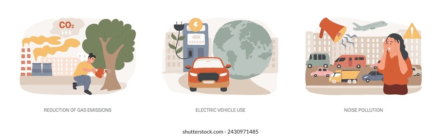 Conjunto de ilustración vectorial de concepto aislado de entorno urbano. Reducción de emisiones de gases, uso de vehículos eléctricos, contaminación acústica, gases de efecto invernadero de Co2, concepto de vector de transporte ecológico.