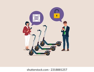 Alquiler urbano de e-scooter. Personas con teléfono móvil que utilizan el servicio de ciclomotores eléctricos de código QR. Ilustración vectorial plana