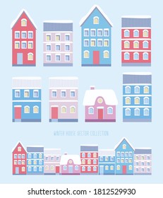 Urban Europe winter landscape. Snowy street. Christmas card Happy Holidays banner. Vector illustration flat house design