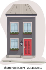 Urban european house, three windows with flower pots, red door. Vector isolated illustration 