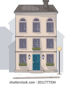 Casa de estilo urbano europeo , puertas azules, tres plantas. Calle de la ciudad vieja. Streetlamp. Fondo aislado de ilustración de vector