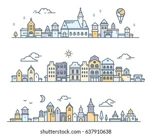 Urban european white detailed city with tree, cloud, air balloon. Vector illustration of three different summer city landscape on white background. Thin line art design for web, horizontal banner