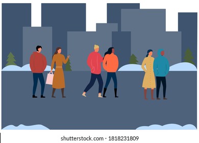 
Urban evening couples stroll in a modern style on a winter christmas background. Flat vector illustration. fashionable men and women are walking around the city. relationship concept. family values.