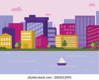 
Urban evening landscape, where various houses, skyscrapers and trees are located near the embankment