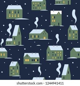 Urban evening winter landscape with various buildings. Little cute town in snow. Winter houses for Christmas fabrics and decor. Seamless patterns of northern city. Vector colorful illustration.