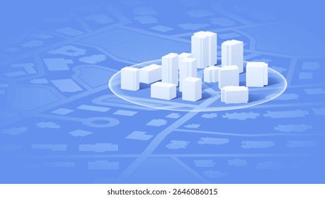 Conceito de expansão urbana com arranha-céus 3D no mapa da cidade. Planejamento isométrico e desenvolvimento em ilustração vetorial pequena cidade