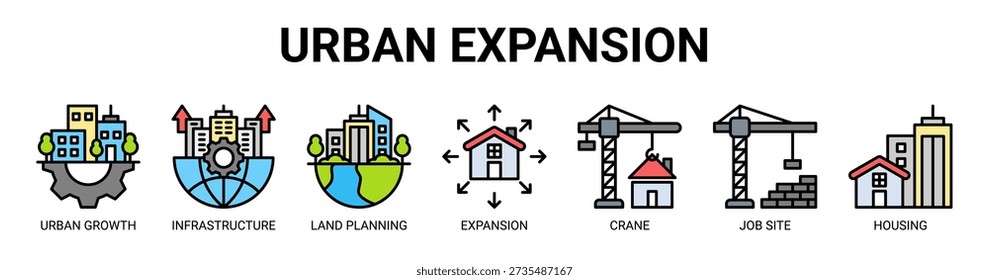 Concepto Urbana de la Ilustración vectorial del icono del Anuncio del Web de la extensión con el icono del crecimiento urbano, de la infraestructura, de la planificación de la tierra, de la extensión, de la grúa, del sitio del trabajo, y de la vivienda.