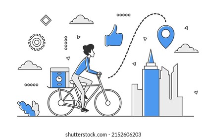 Urban express courier delivery on bicycle. Online ordering and parcel shipping on location vector monocolor illustration