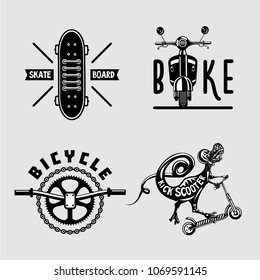 Urban extreme  sport set. Vintage city transportation embleme collection. Black and white t shirt prints with scooter, bike and board.