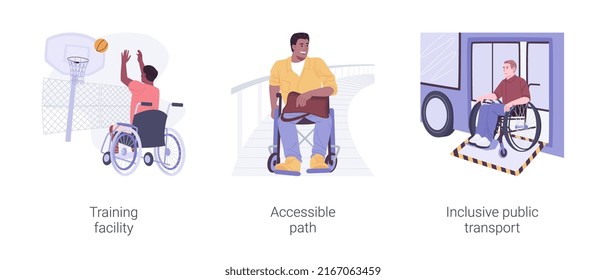 Urban Facilities For Disabled People Isolated Cartoon Vector Illustrations Set. Training Facility For Impaired, Person In Wheelchair Ride Accessible Path, Inclusive Public Transport Vector Cartoon.