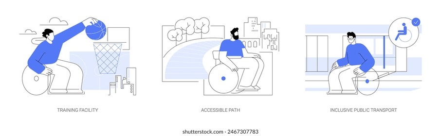 Urban facilities for disabled people isolated cartoon vector illustrations set. Training facility for impaired, person in wheelchair ride accessible path, inclusive public transport vector cartoon.