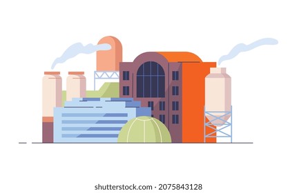 Urban Factory Sticker. Small Company, Smoke Coming From Building. Workers, Automated Processes. Environmental Damage, Pollution. Cartoon Flat Vector Illustration Isolated On White Background