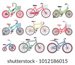 Urban family bikes flat vector set. Different bicycles collection. Urban bike and sport transport for family, transportation bicycle illustration