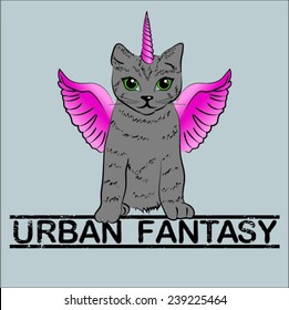 Urban Fantasy. cute unicorn cat with pink wings vector illustration.
