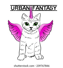 Urban Fantasy. Unicorn Cute Cat. Vector Illustration.