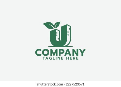 urban farm logo with a combination of buildings, plants and the letter u.