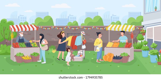 Urban farmer market flat color vector illustration. Sellers counters with clothes and food. Family buy organic vegetables. City marketplace 2D cartoon landscape with characters on background