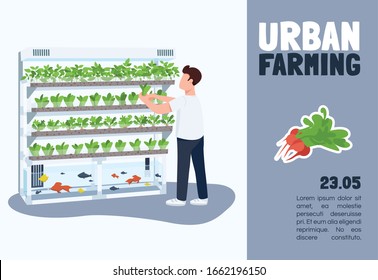 Urban farming banner flat vector template. Brochure, poster concept design with cartoon characters. Eco friendly products growing, organic production horizontal flyer, leaflet with place for text