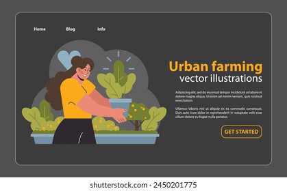 concepto de agricultura Urbana. Mujer alegre cuidando su jardín de la ciudad, cultivando plantas en un invernadero moderno. Vida sostenible, agricultura urbana. Ilustración vectorial plana