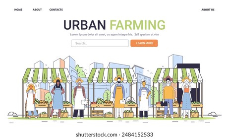 Urban farming concept with market stalls showcasing fresh produce and farmers in aprons in a cityscape background website design minimalistic style