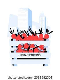 Urban Farming With Crate Of Tomatoes In Flat Vector Illustration Symbolizing Sustainable Agriculture, Local Food Production, And Green Living, Isolated On White Background