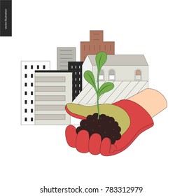 Urban farming, gardening or agriculture. Sign logo - a hand wearing gauntlet holding a sprout, with city buildings on the background