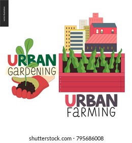 Urban farming, gardening or agriculture sign logo. A wooden seedbed with leaves of salad, a house on the background. A hand wearing gauntlet holding a sprout,