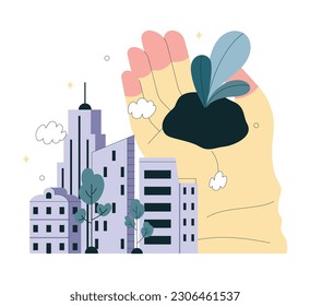 Urban farming or gardening. City agriculture. Characters planting and watering the sprout on the roof or balcony. Natural organic food growing. Flat vector illustration