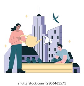 Urban farming or gardening. City agriculture. Characters planting and watering the sprout on the roof or balcony. Natural organic food. Flat vector illustration