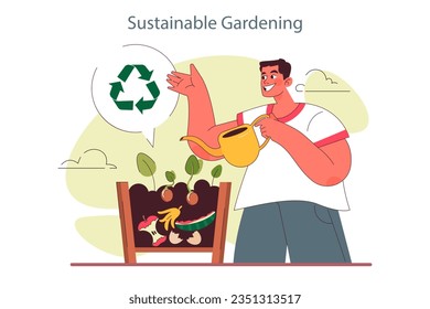 Urban farming or gardening. City horticulture practice. Composting. Food waste and leftovers biodegradation. Compost box full of organic bio waste. Flat vector illustration