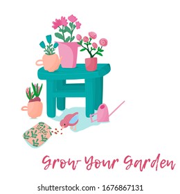 Urban farming and gardening collage with gardening tools, seeds and plants in the pots. Vector illustration 