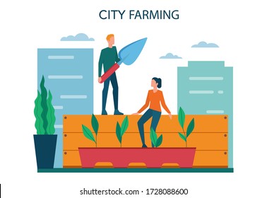 Urban farming or gardening concept. City agriculture. People planting and watering the sprout on the roof or balcony. Natural organic food. Isolated vector illustration