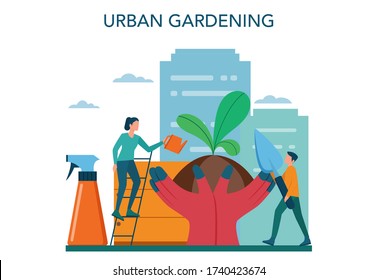 Urban farming or gardening concept. City agriculture. People planting and watering the sprout on the roof or balcony. Natural organic food. Isolated vector illustration